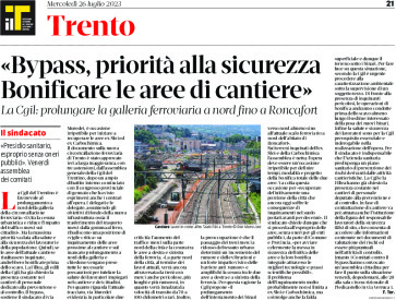 Trento, bypass: priorità alla sicurezza. Cgil “prolungare la galleria ferroviaria fino a Roncafort”