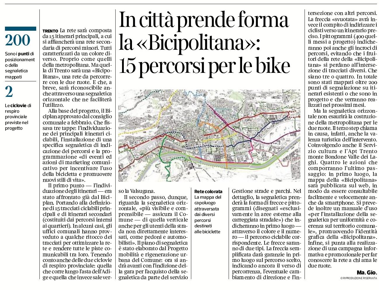 Trento: in città prende forma la “bicipolitana”: 15 percorsi per le bike