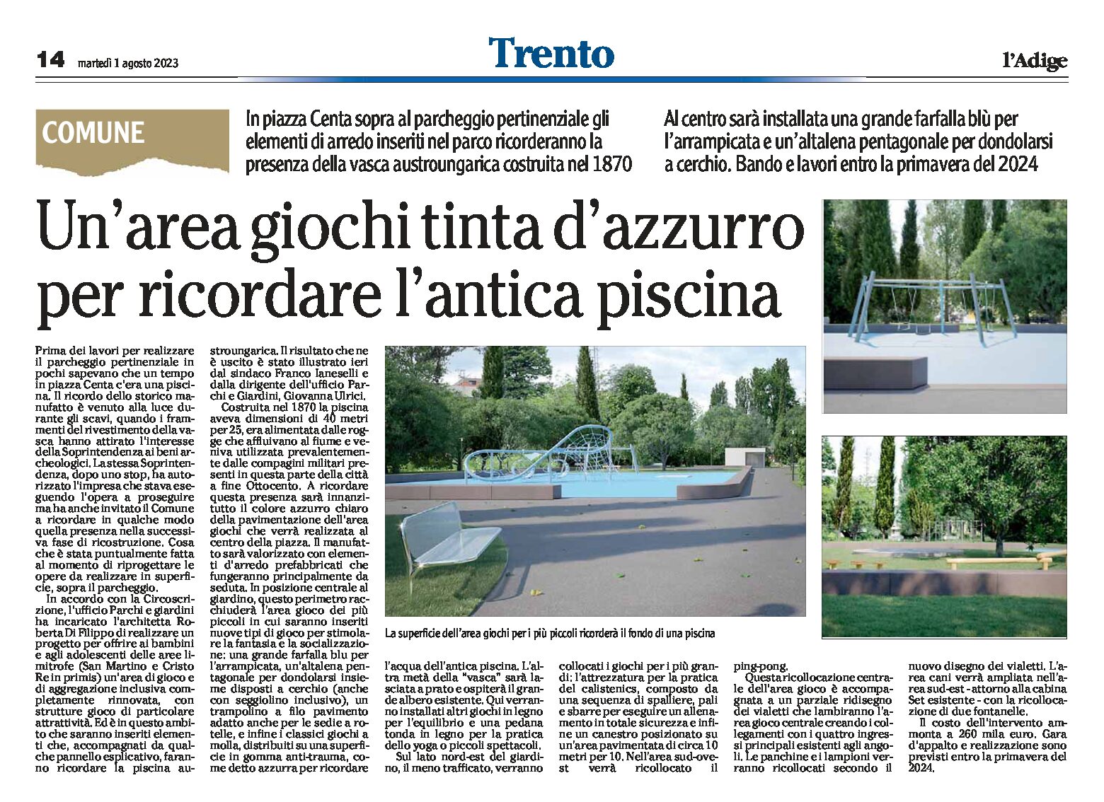 Trento, piazza Centa: un’area giochi tinta di azzurro per ricordare l’antica piscina