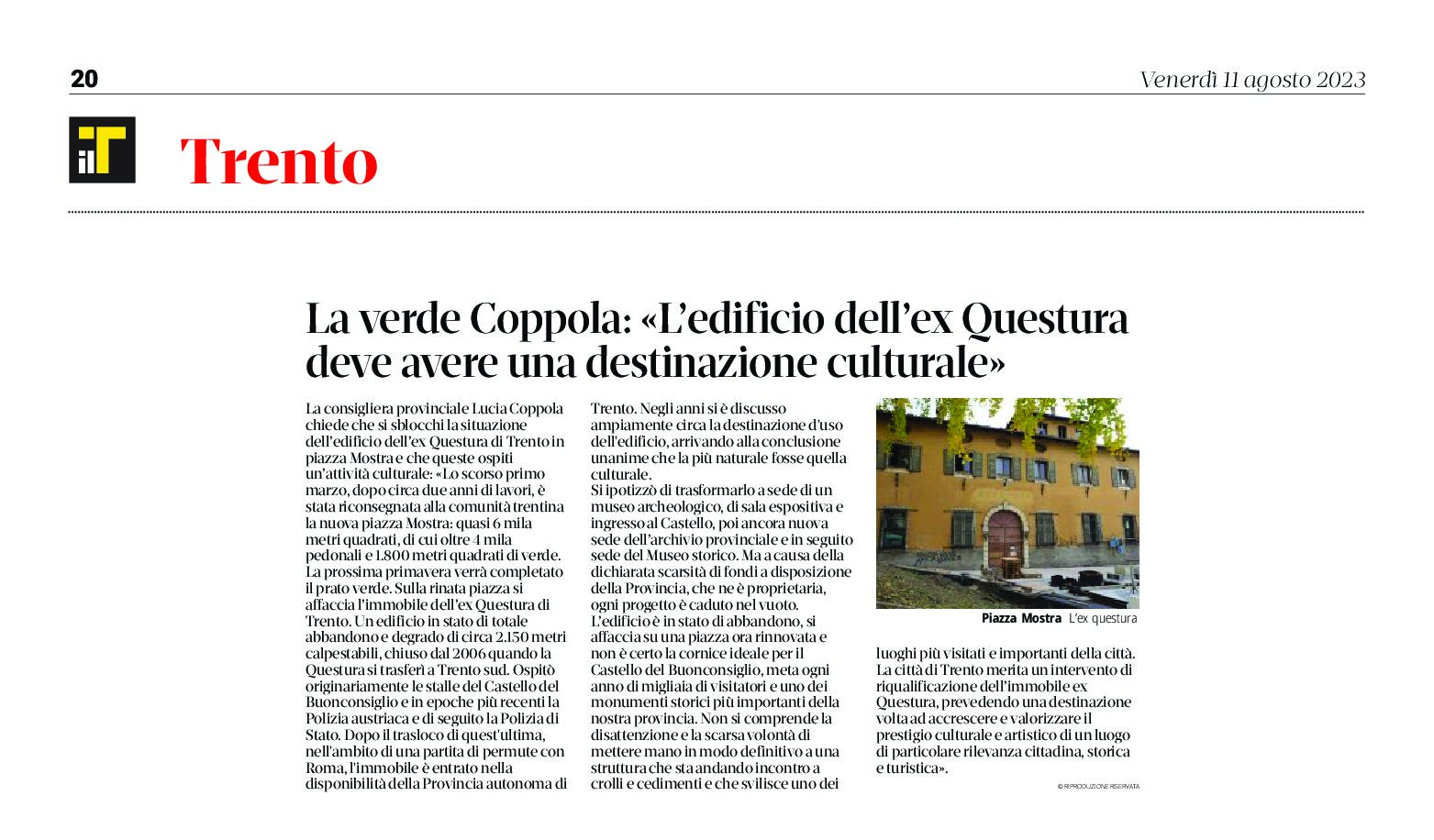 Trento, ex Questura: la Verde Coppola “l’edificio deve avere una destinazione culturale”