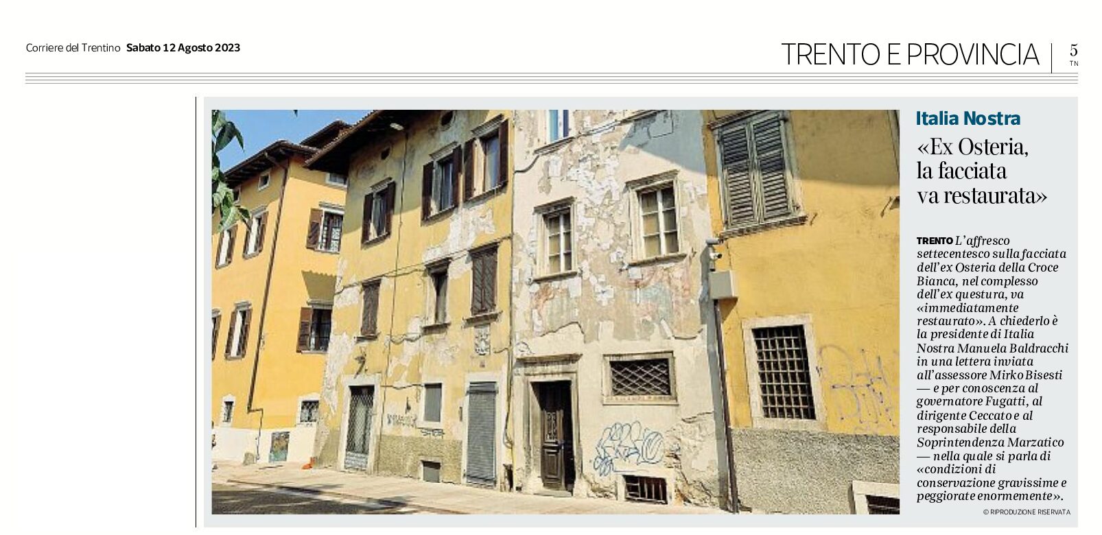 Trento, ex Osteria: la presidente Baldracchi di Italia Nostra “la facciata va restaurata immediatamente”