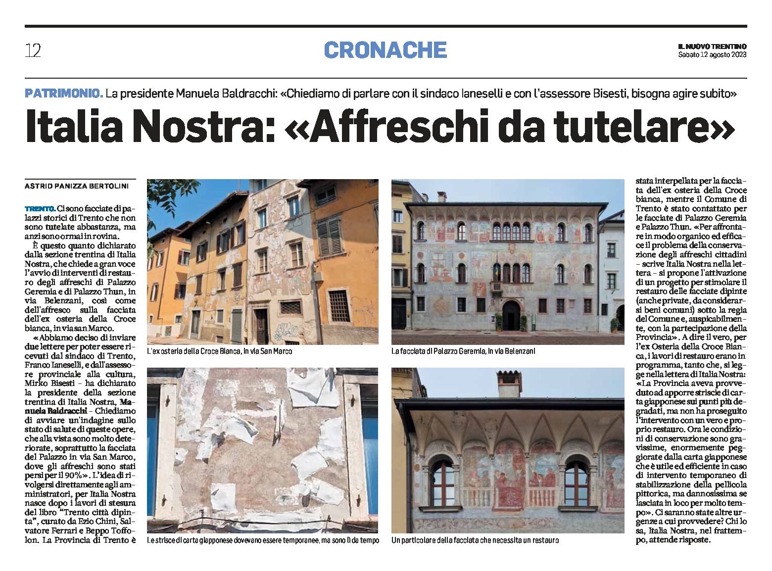 Trento, palazzi storici: la presidente Baldracchi di Italia Nostra “affreschi da tutelare”