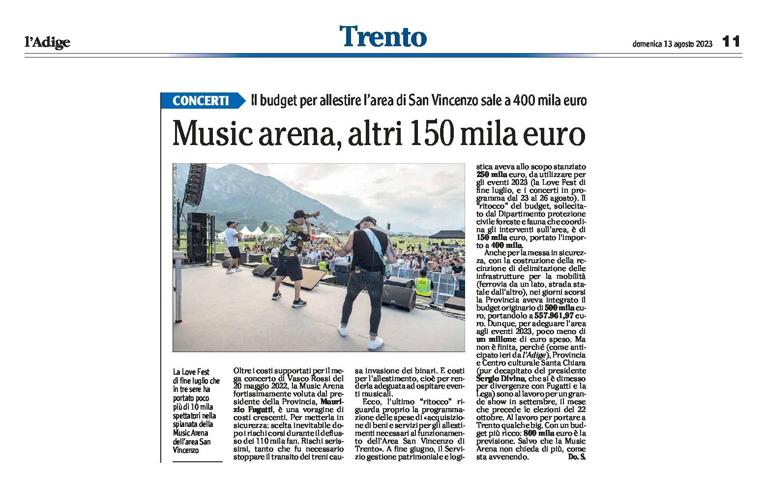 Trento, San Vincenzo: Music Arena, sale il budget per allestire l’area
