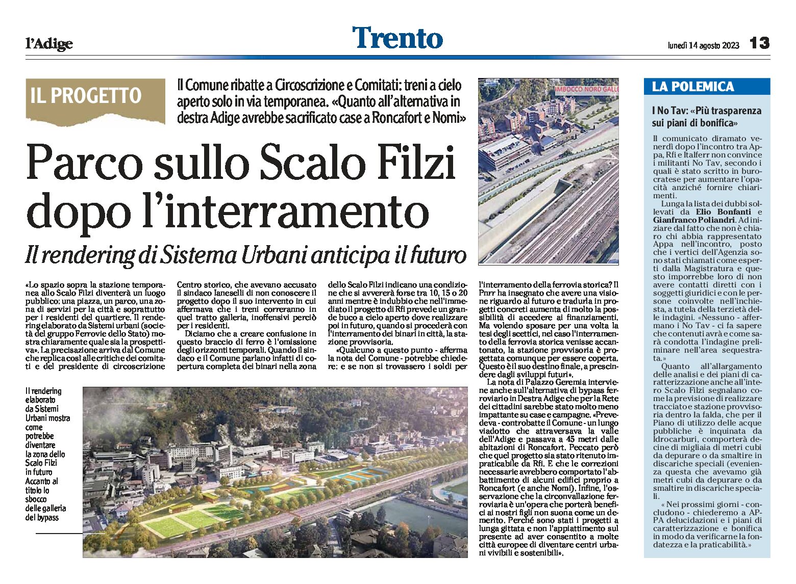 Trento, il Comune ribatte: Parco sullo Scalo Filzi dopo l’interramento. Il rendering anticipa il futuro