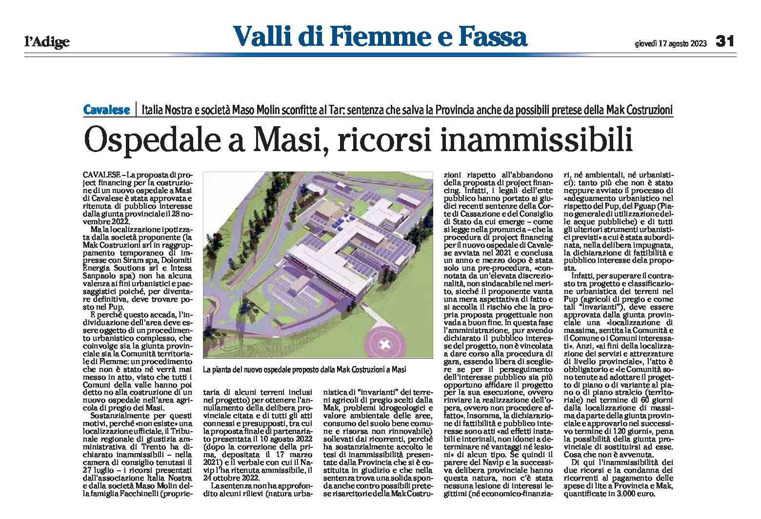 Cavalese, ospedale a Masi: ricorsi inammissibili. Italia Nostra e Maso Molin sconfitti al Tar