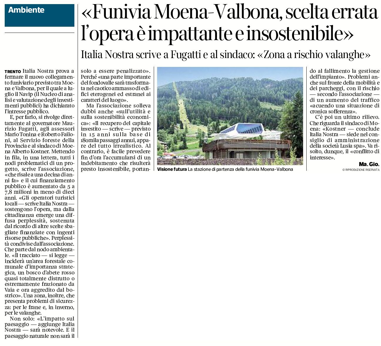 Funivia Moena-Valbona: Italia Nostra scrive a Fugatti e al sindaco “opera impattante e insostenibile”