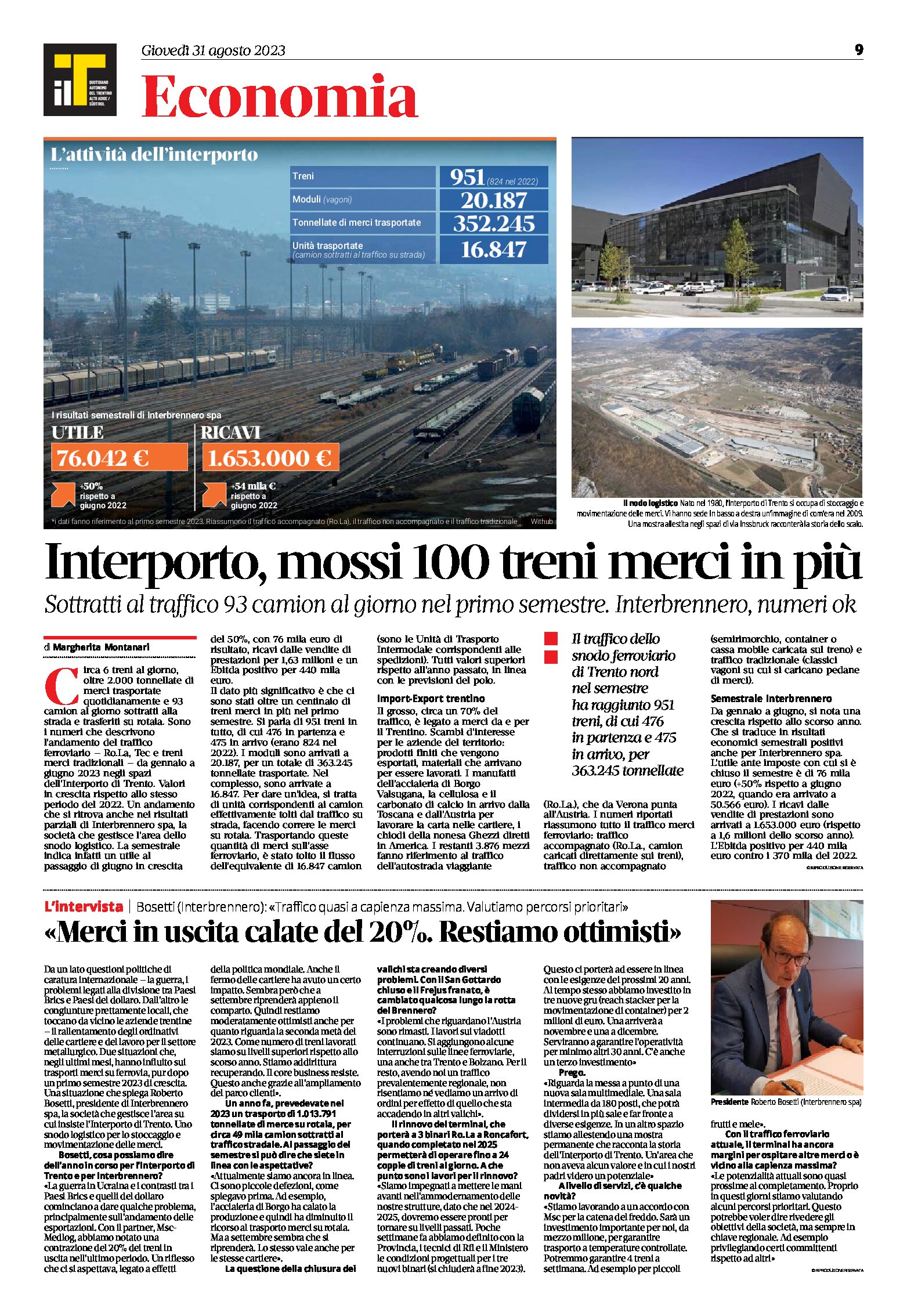 Trento, interporto: mossi 100 treni merci in più, sottratti al traffico 93 camion al giorno