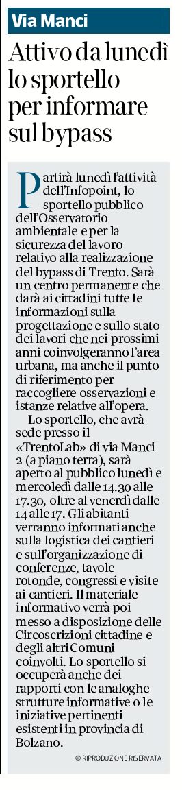 Trento: Infopoint in via Manci, attivo da lunedì lo sportello per informare sul bypass