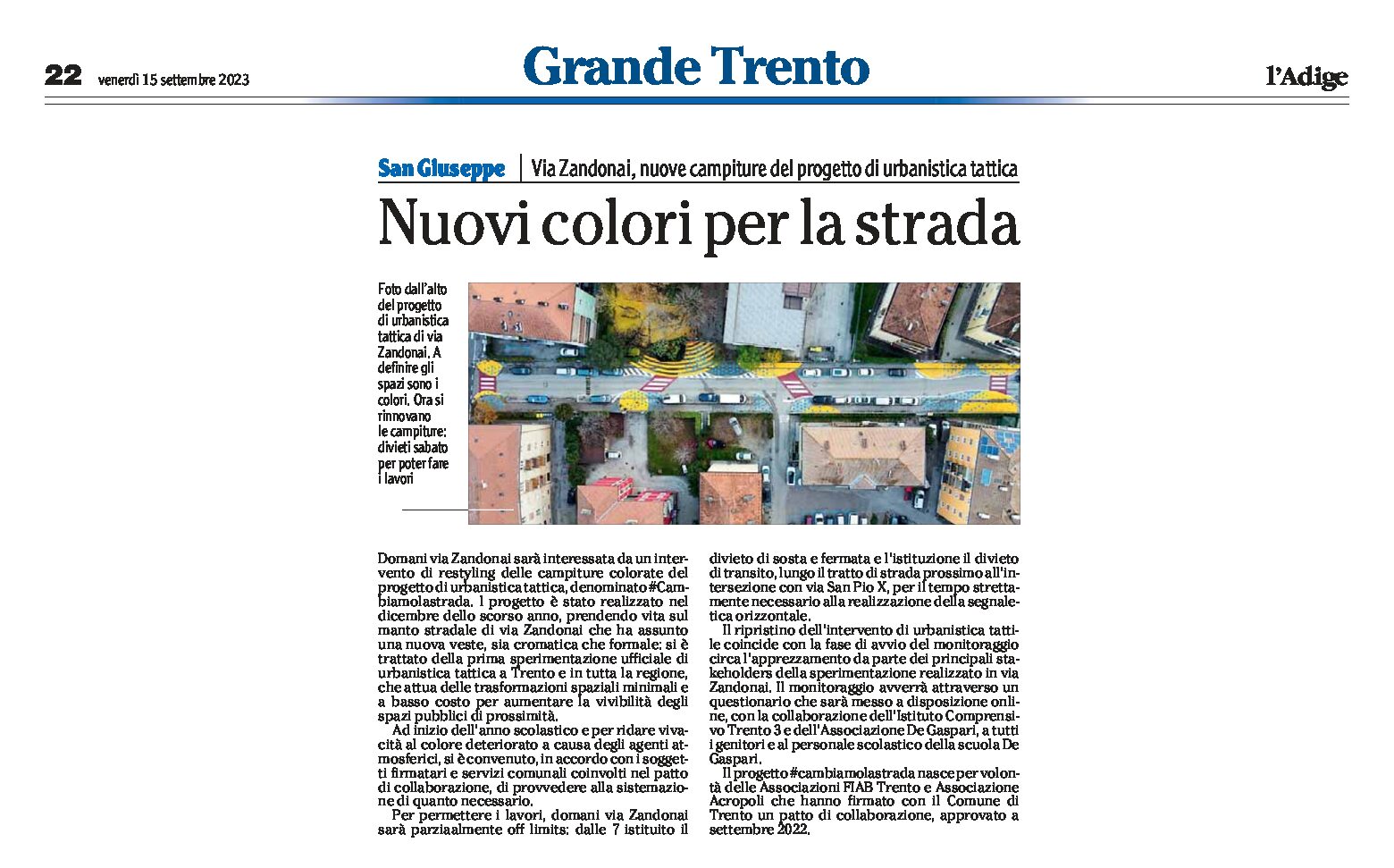 Trento, urbanistica tattica: in via Zandonai nuove campiture del progetto