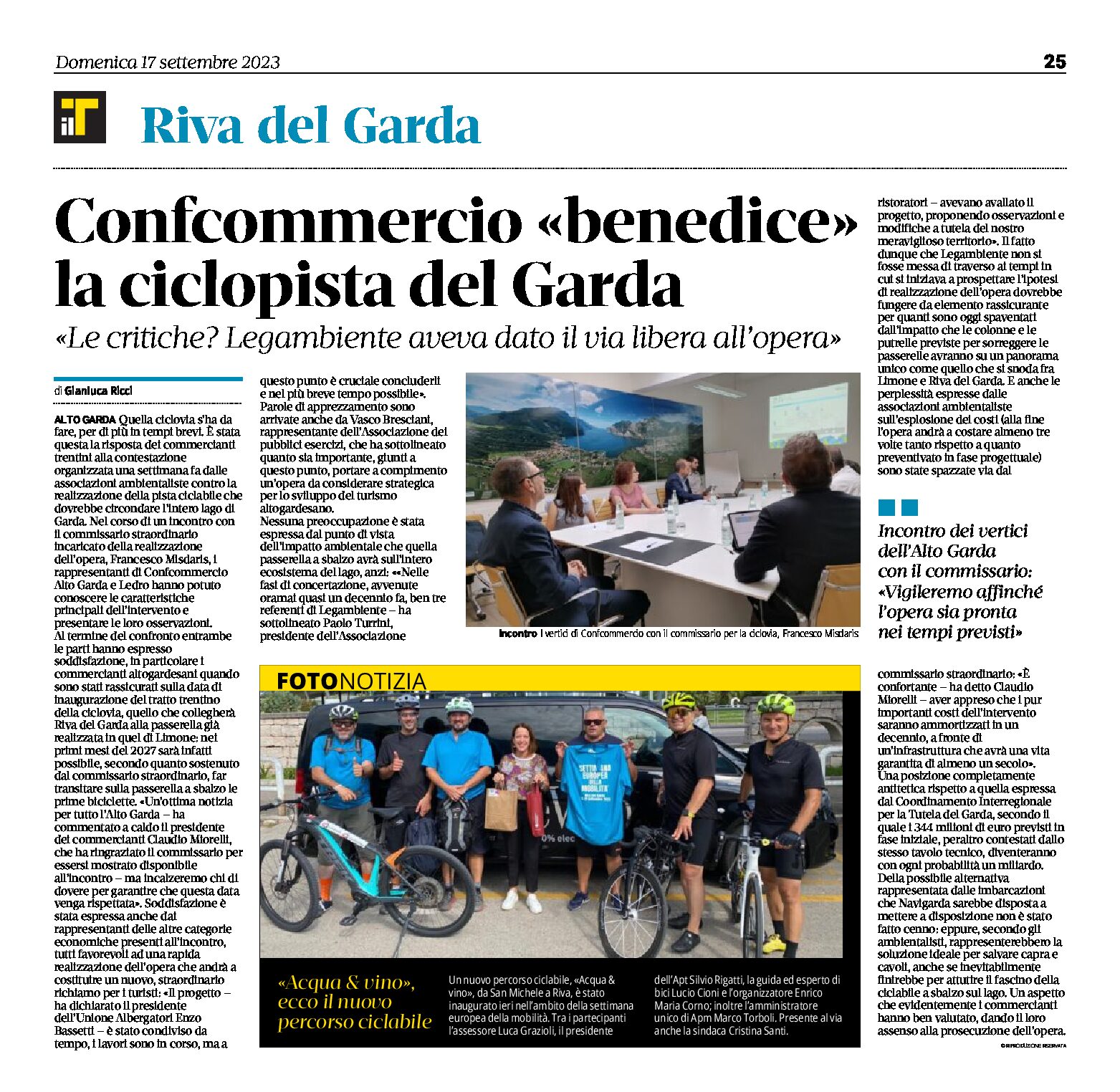 Riva: Confcommercio “benedice” la ciclovia del Garda