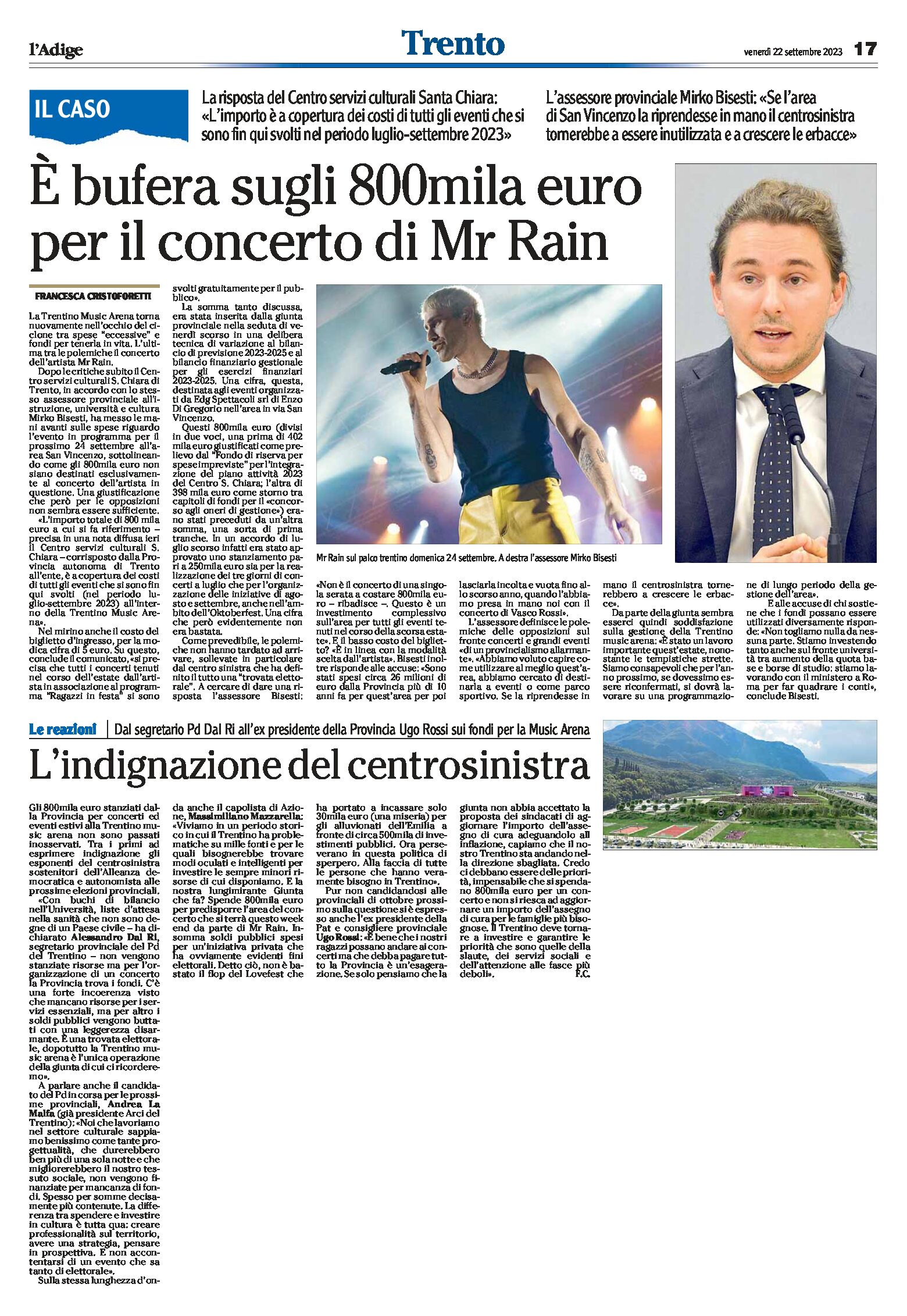 Trentino Music Arena: è bufera sugli 800mila euro per il concerto di Mr Rain