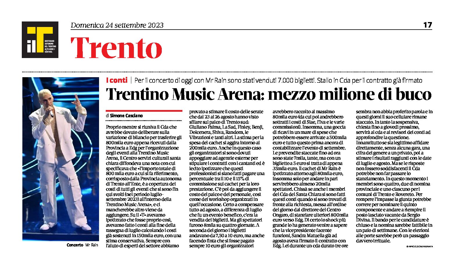 Trentino Music Arena: mezzo milione di buco