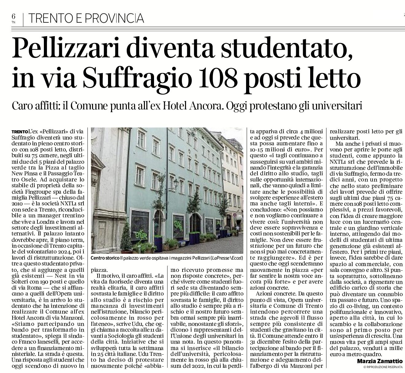 Trento: Pellizzari diventa studentato, in via Suffragio, 108 posti letto