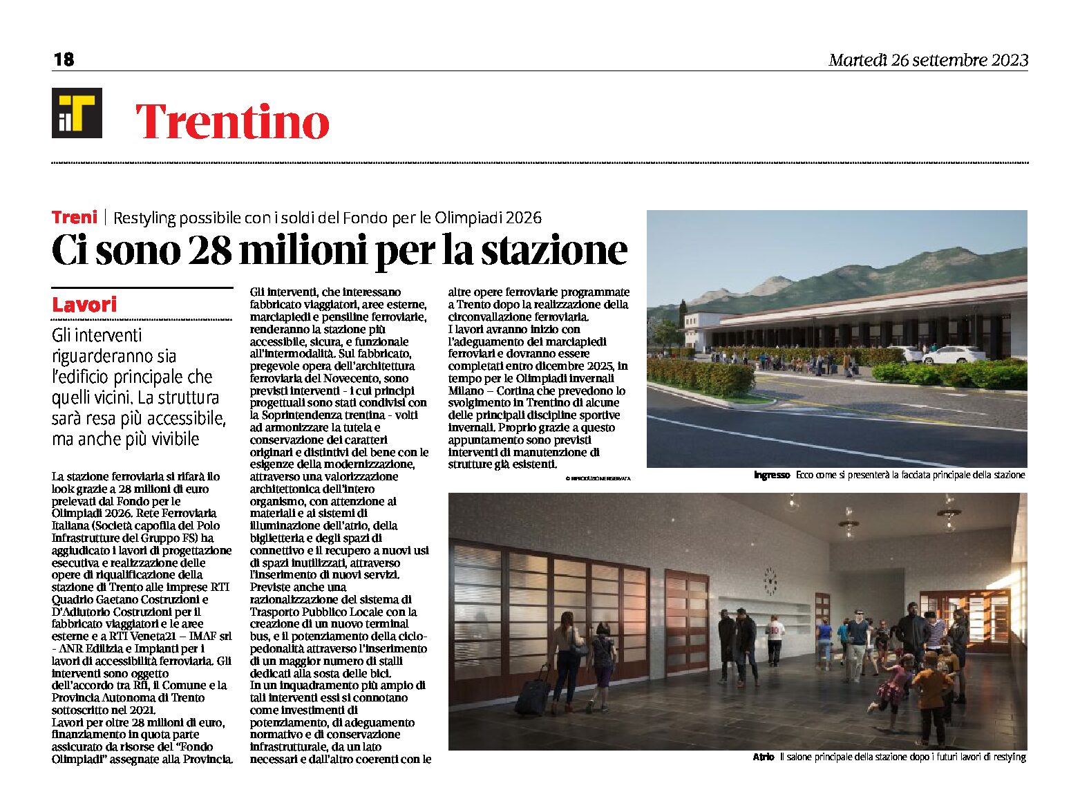 Trento, Stazione treni: restyling possibile con 28 milioni del Fondo per le Olimpiadi 2026
