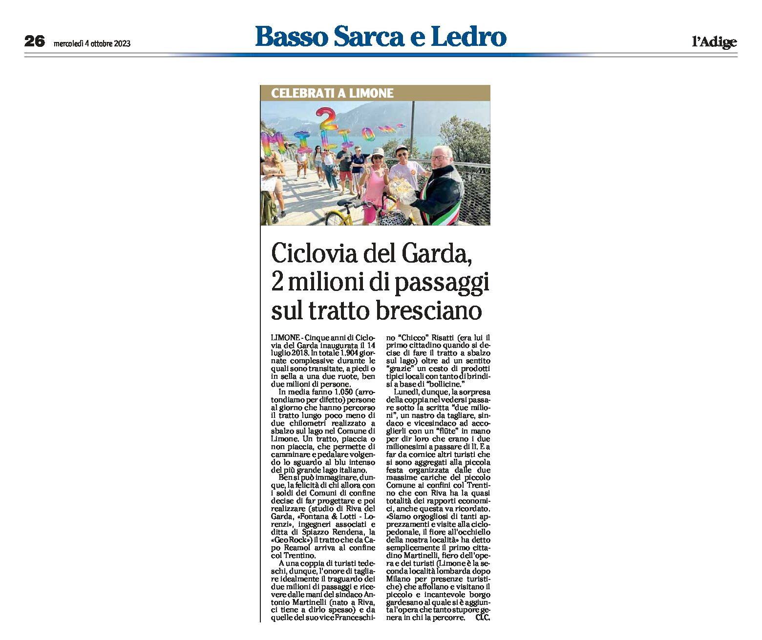 Ciclovia del Garda: Limone festeggia 2 milioni di passaggi sul tratto bresciano dal 2018