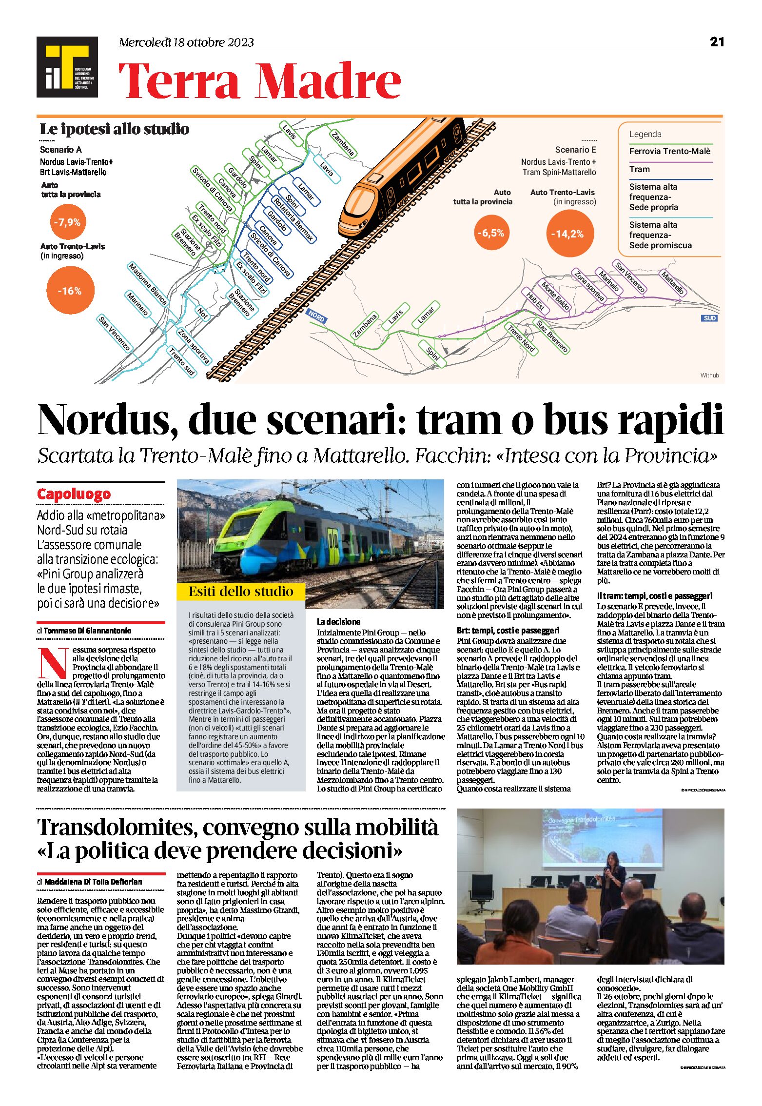 Nordus, due scenari: tram o bus rapidi. Scartata la Trento-Malè fino a Mattarello