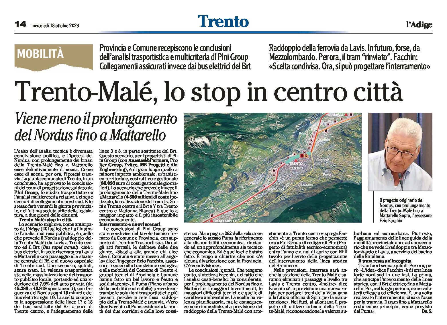 Trento, mobilità: Trento-Malè, lo stop in centro città