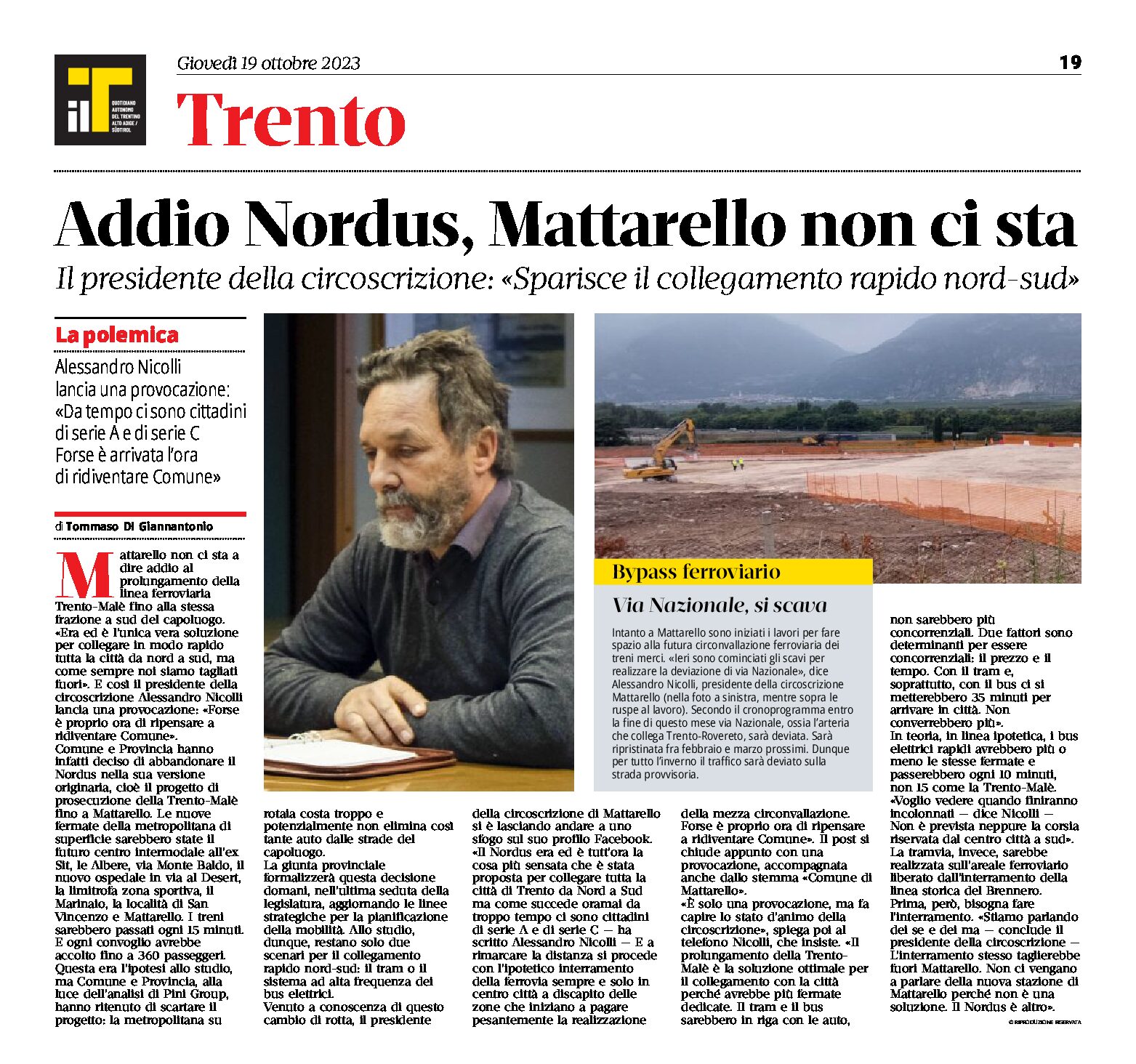 Trento: addio Nordus, Mattarello non ci sta a perdere il collegamento rapido nord-sud