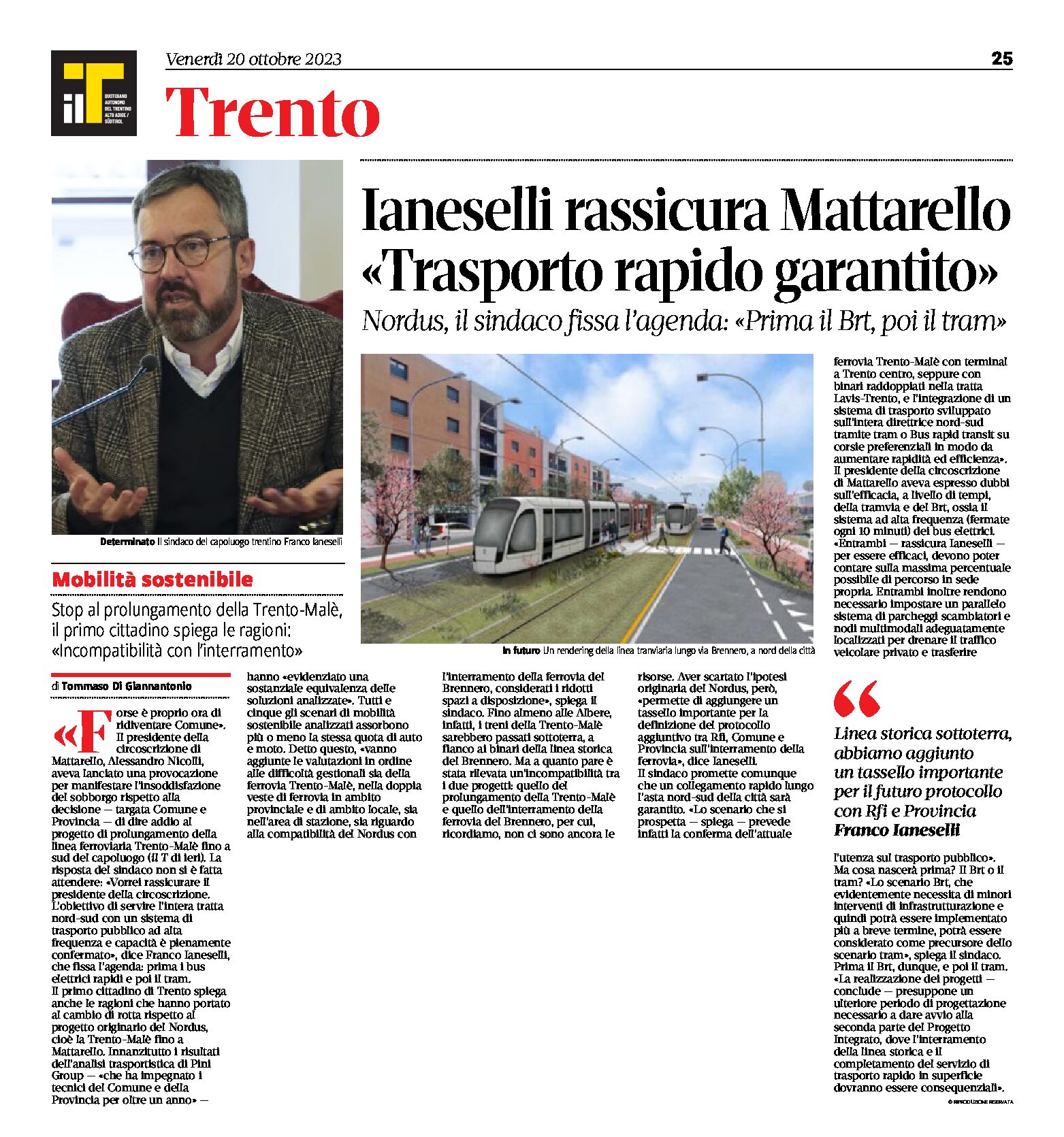 Trento: Ianeselli rassicura Mattarello “trasporto rapido garantito, prima i Brt poi i tram”