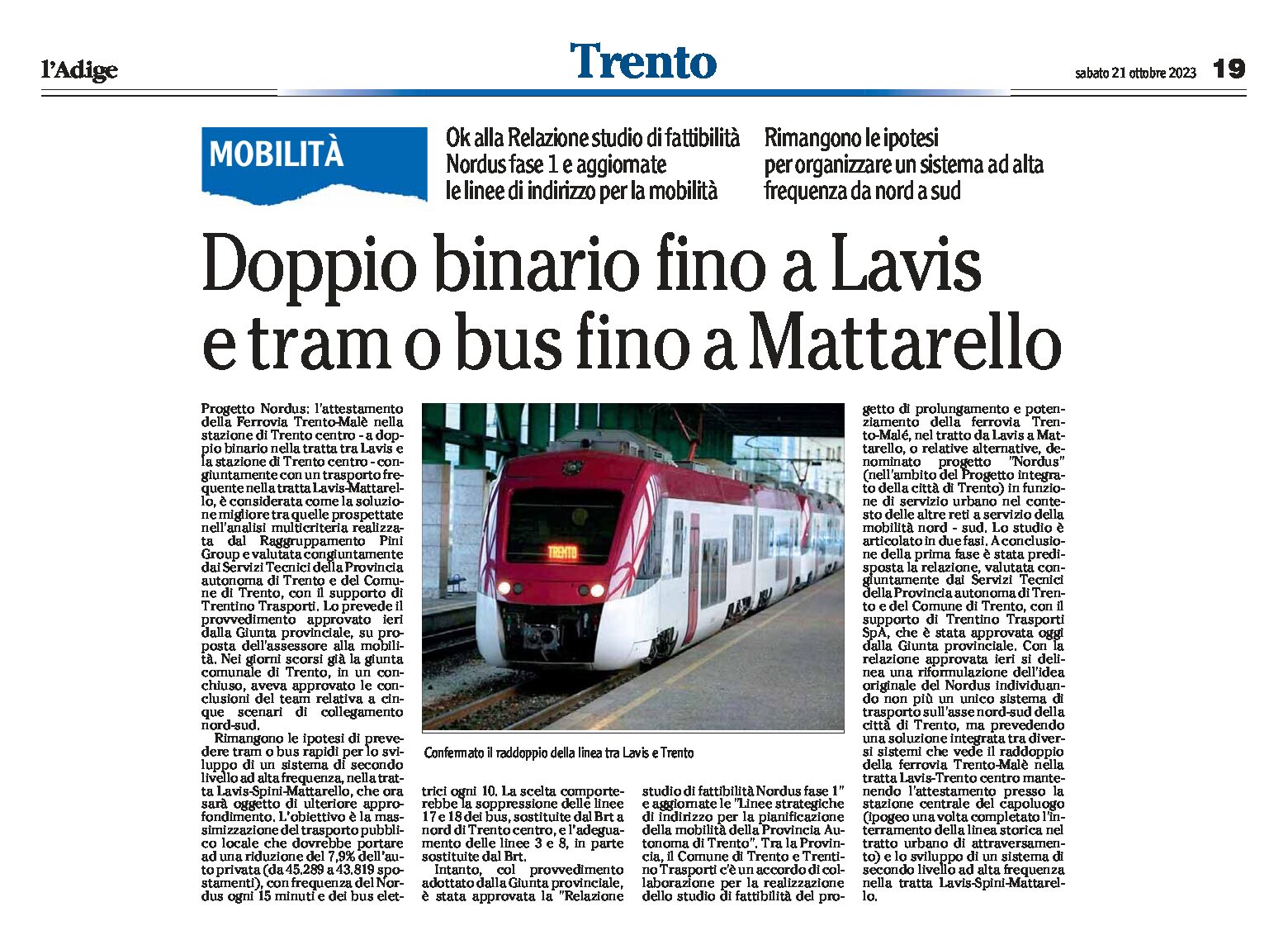 Trento, mobilità: doppio binario fino a Lavis e tram o bus fino a Mttarello