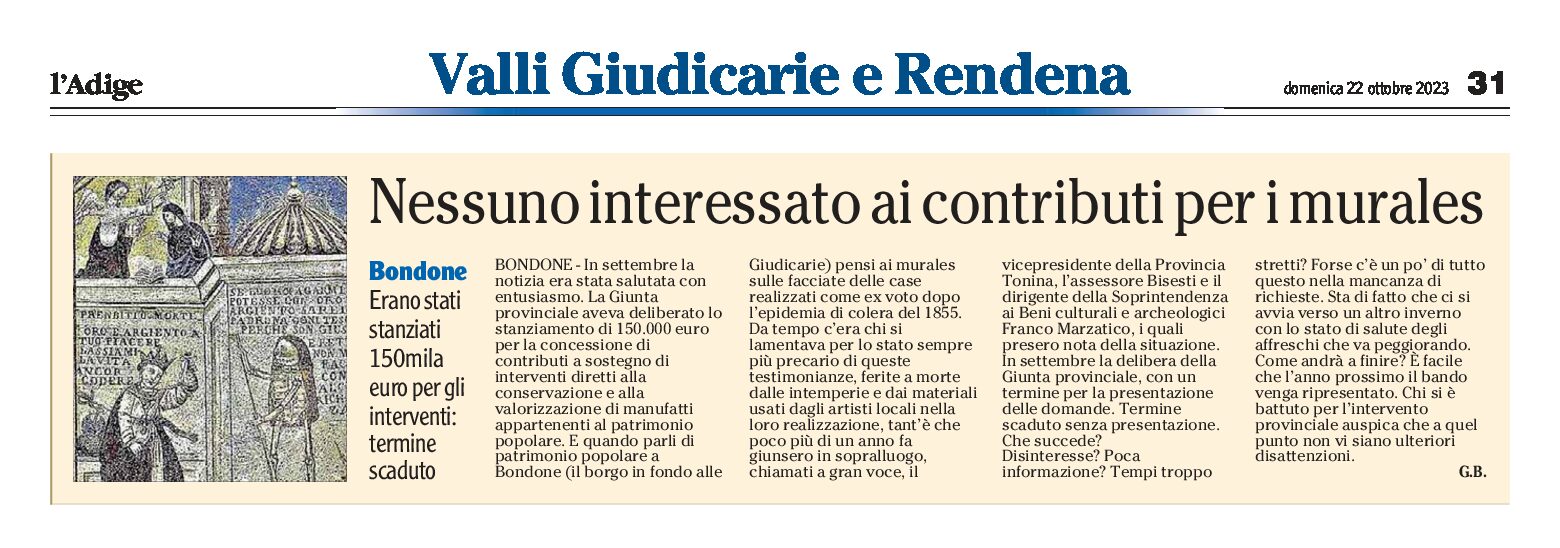 Bondone: nessuno interessato ai contributi per i murales. Stanziati 150mila €, termine scaduto