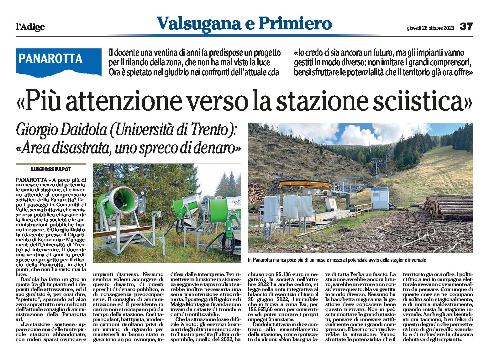 Panarotta: Daidola (Università di Trento) “più attenzione verso la stazione sciistica, area disastrata”