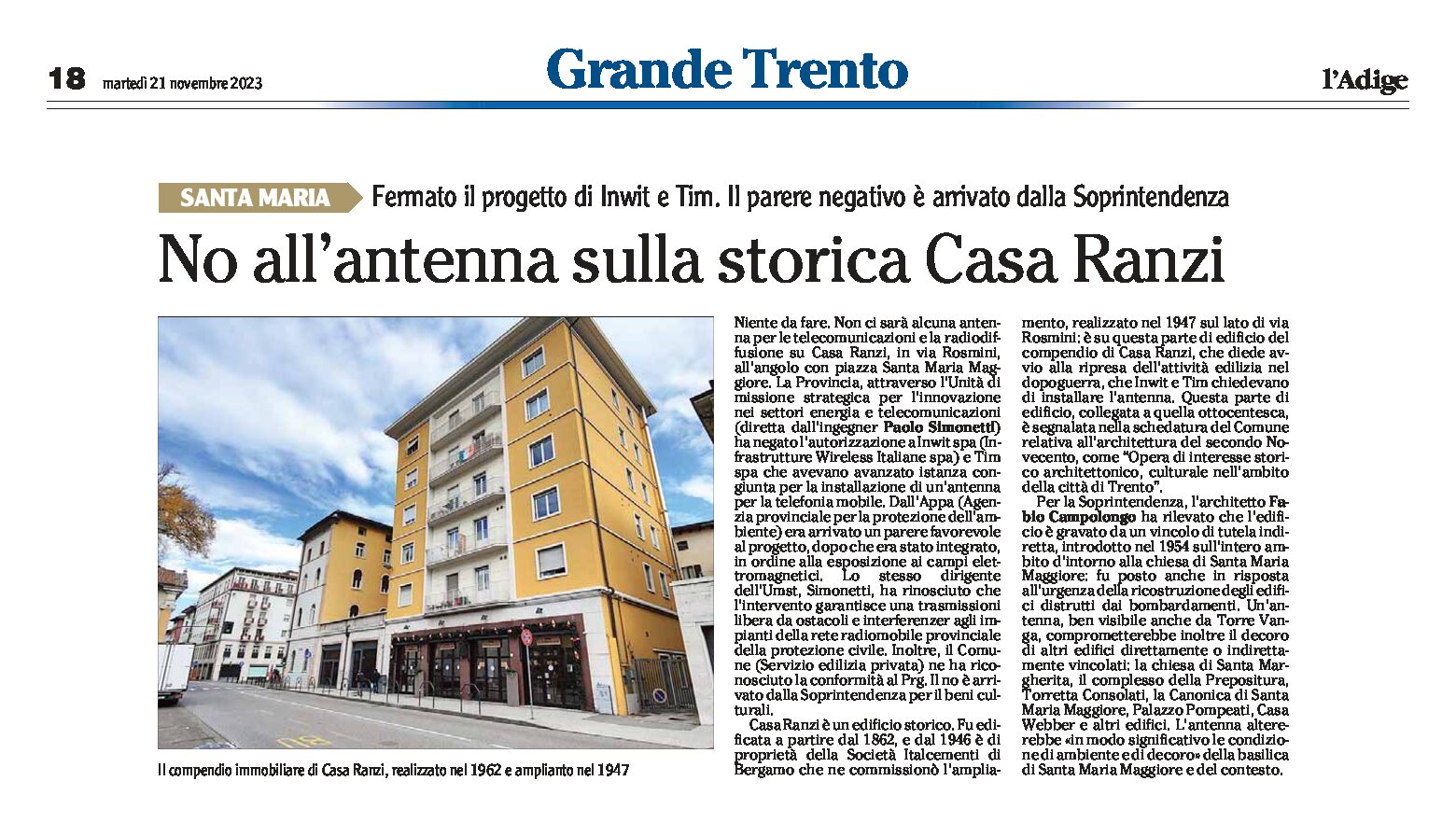Trento:  su Casa Ranzi, per l’antenna parere negativo della Soprintendenza