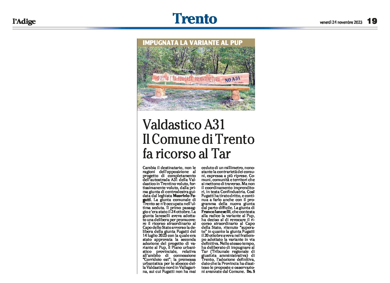 Valdastico: il Comune di Trento fa ricorso al Tar