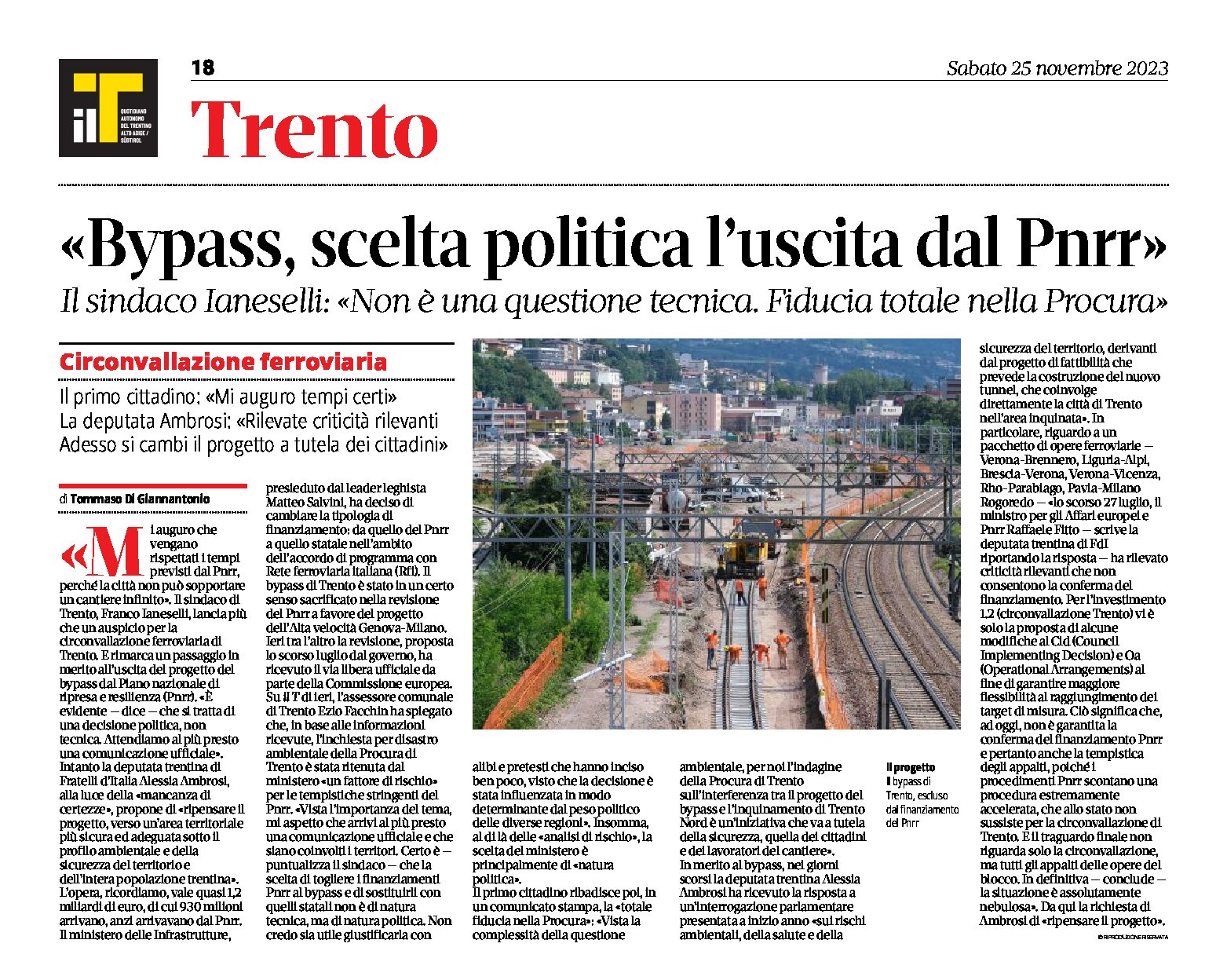 Trento, bypass ferroviario: l’uscita dal Pnrr non è una questione tecnica, è una scelta politica