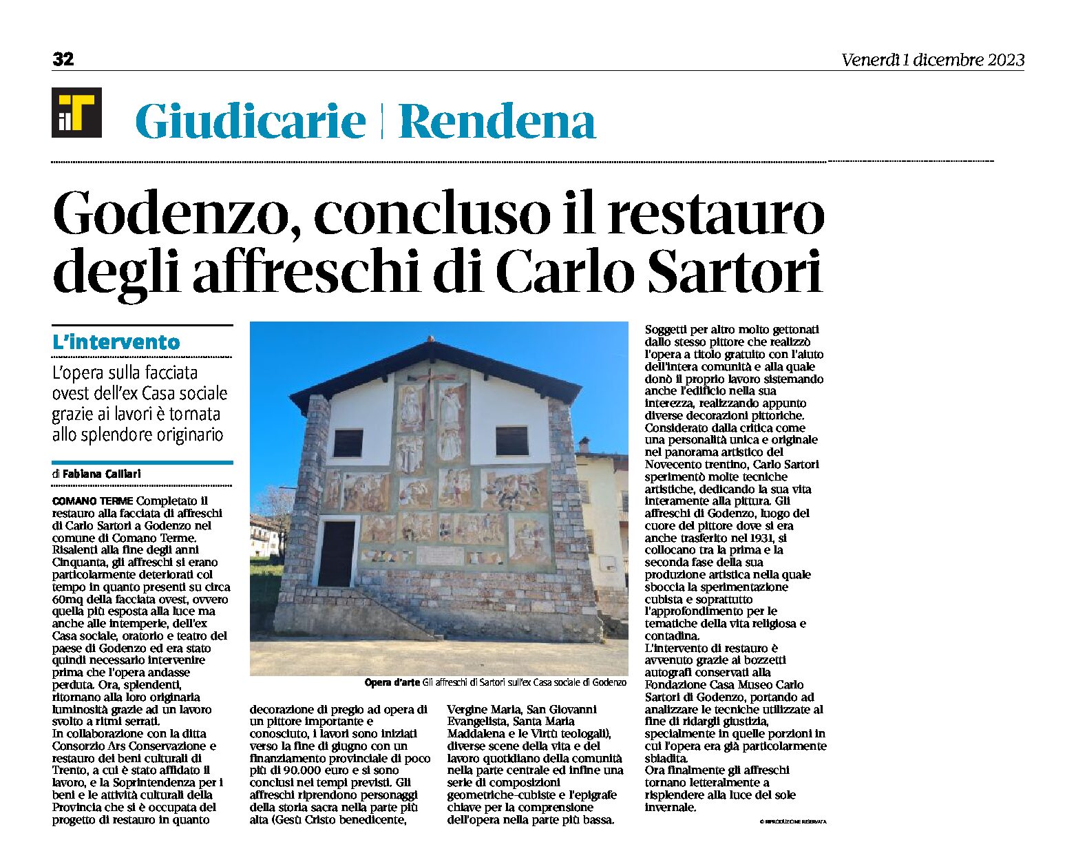 Godenzo: concluso il restauro degli affreschi di Carlo Sartori