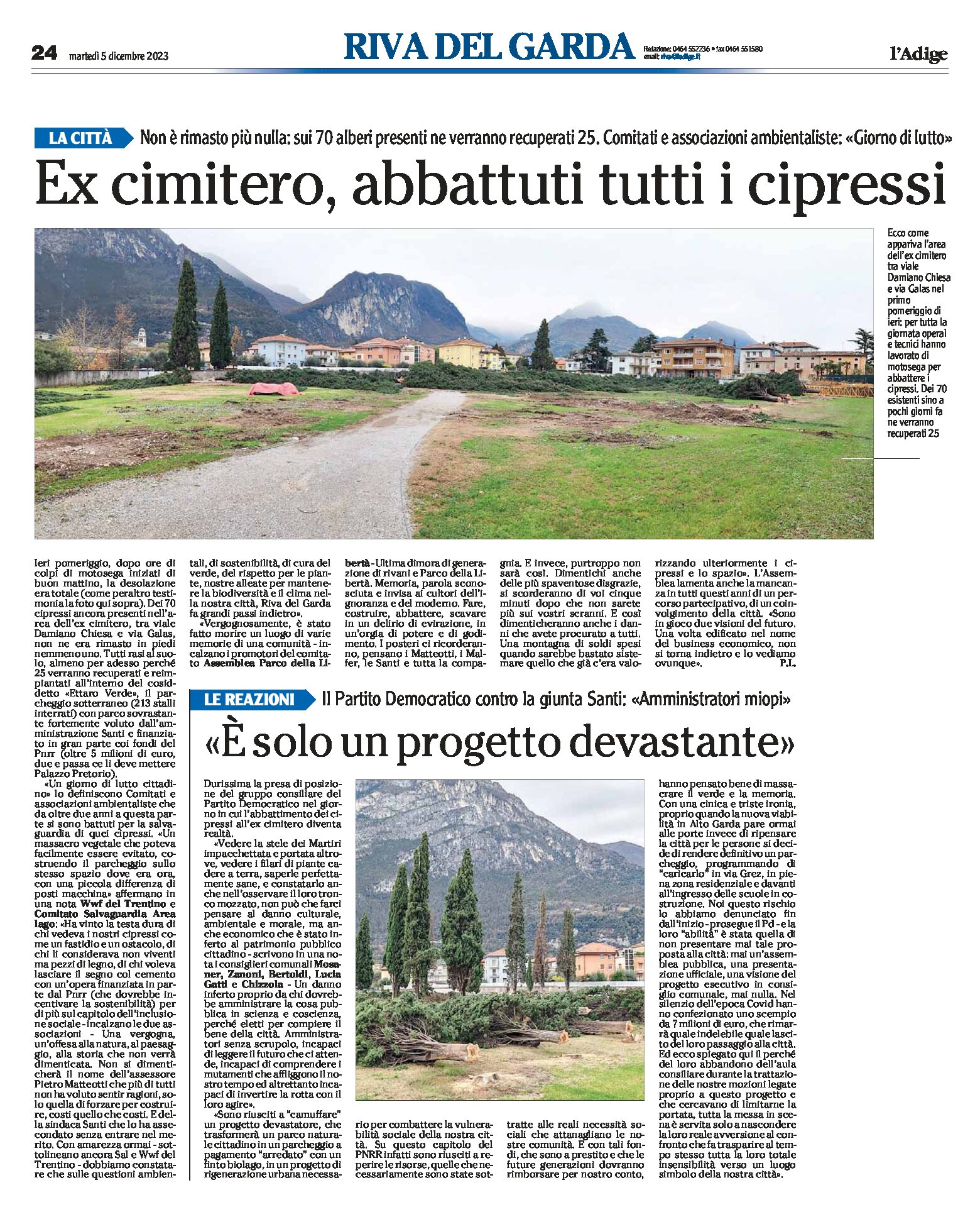Riva, ex cimitero: abbattuti tutti i cipressi, progetto devastante