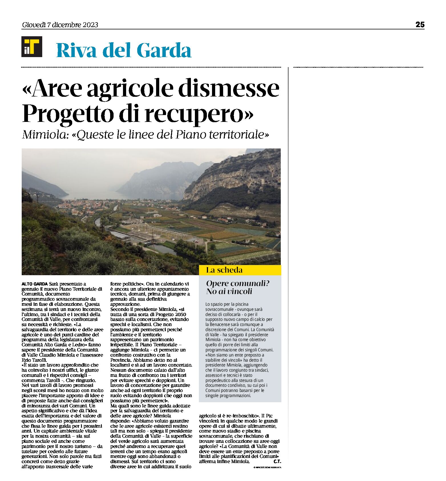 Riva: aree agricole dismesse, progetto di recupero