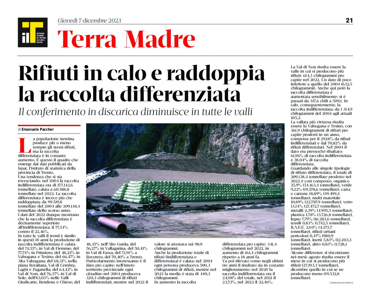 Trentino: rifiuti in calo e raddoppia la raccolta differenziata
