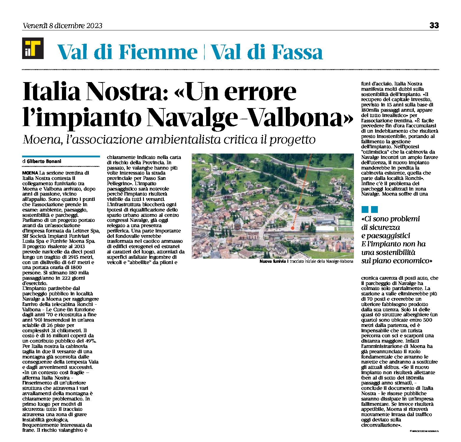 Moena: Italia Nostra critica il progetto dell’impianto Navalge-Valbona
