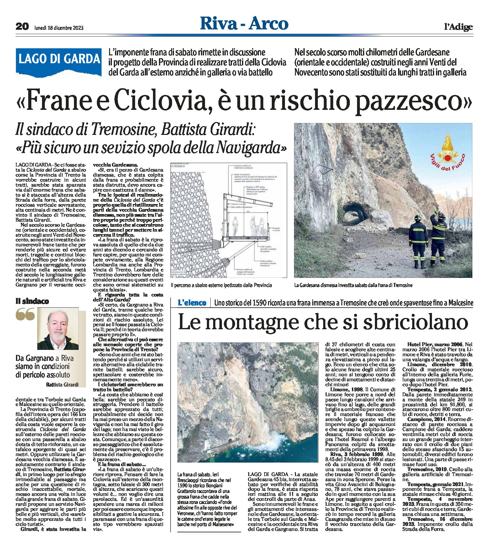 Lago di Garda: il sindaco di Tremosine Girardi “frane e ciclovia, è un rischio pazzesco”