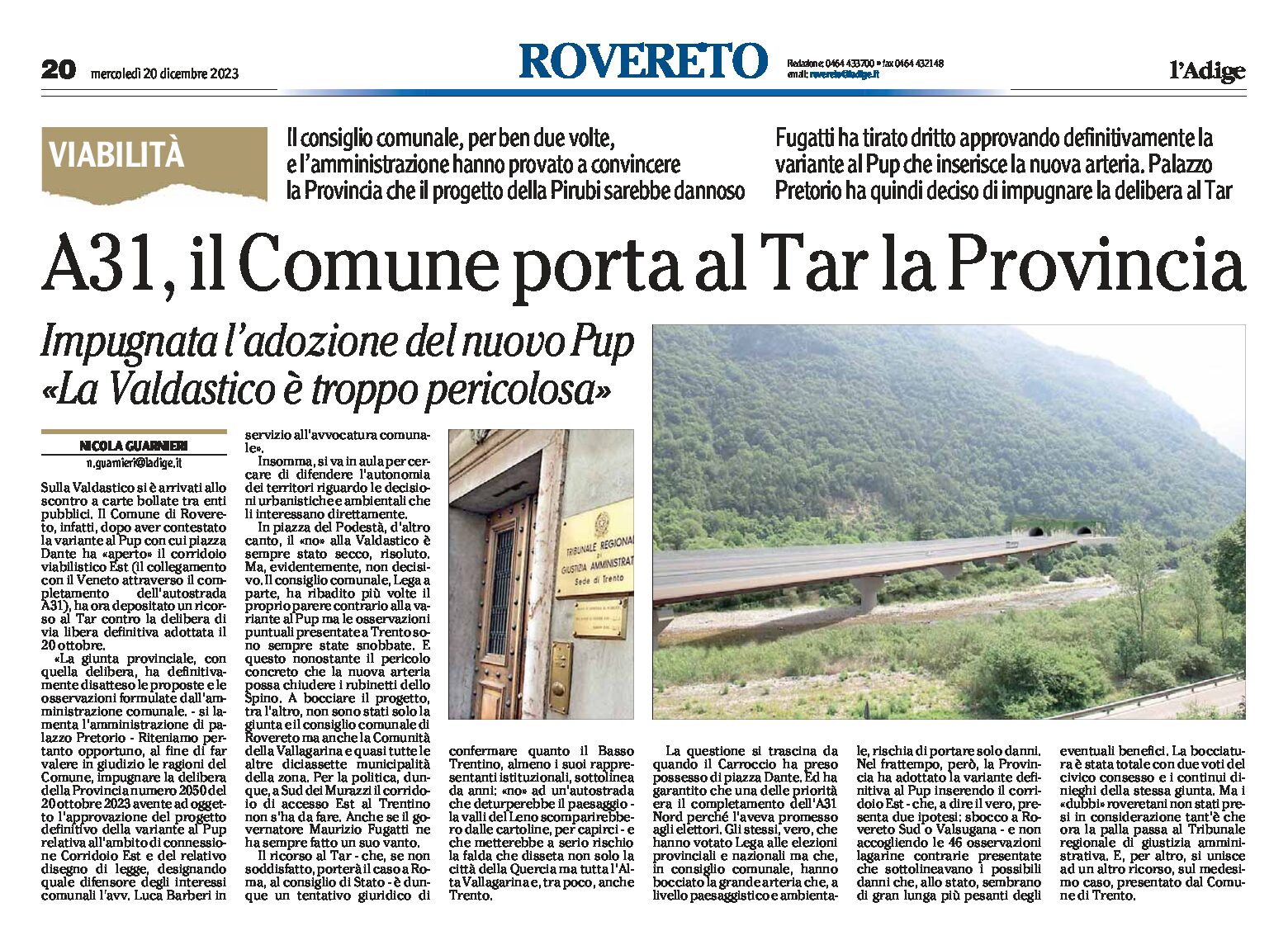 A31, Valdastico: il Comune di Rovereto porta al Tar la Provincia