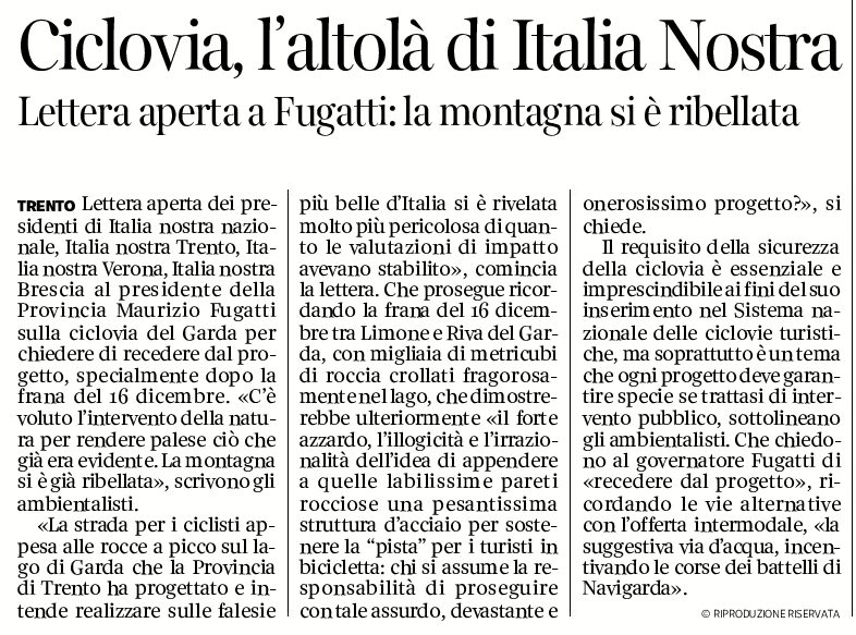 Ciclovia del Garda: Italia Nostra, lettera a perta a Fugatti “la montagna si è ribellata”