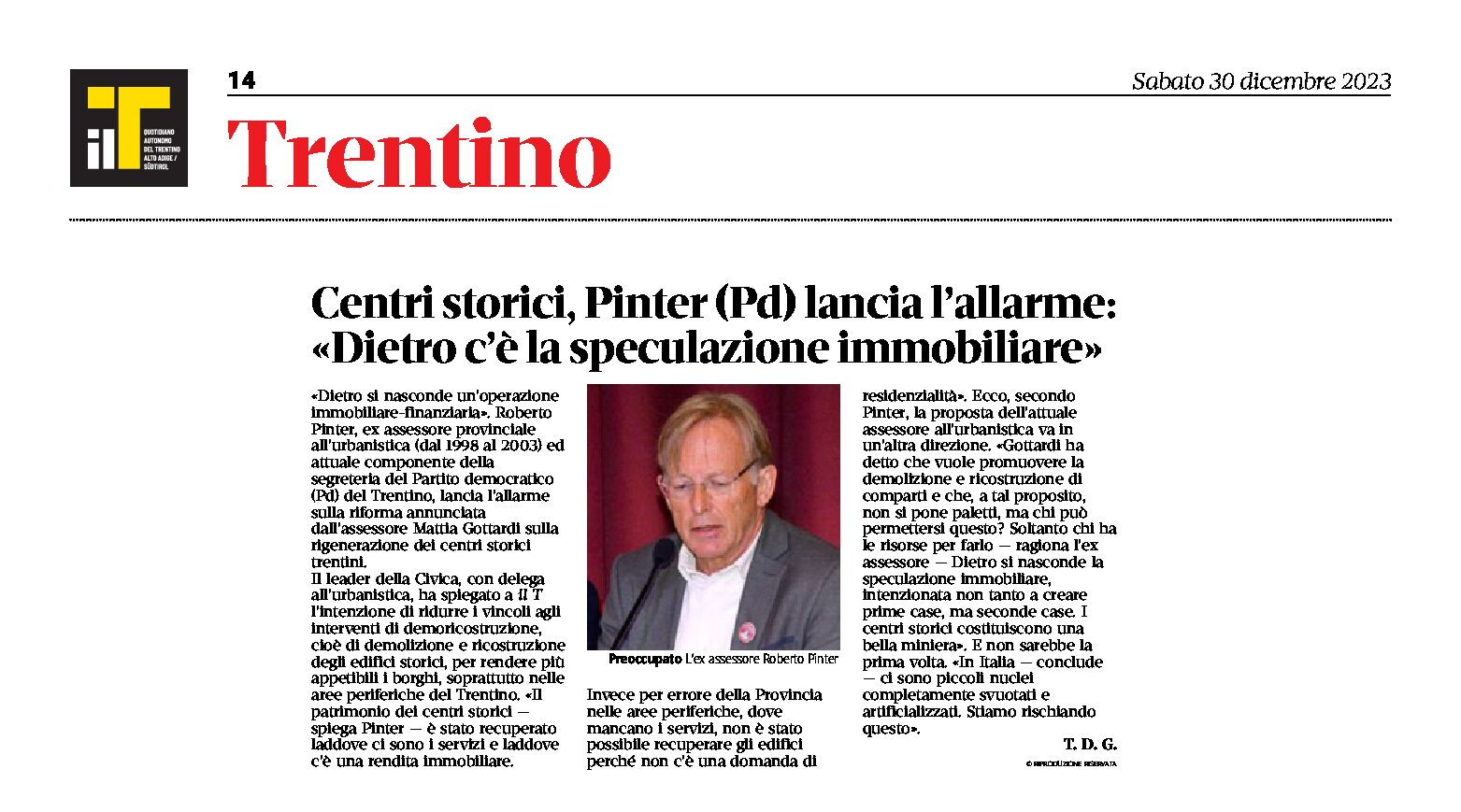Trentino, centri storici: Pinter lancia l’allarme “dietro c’è la speculazione immobiliare”