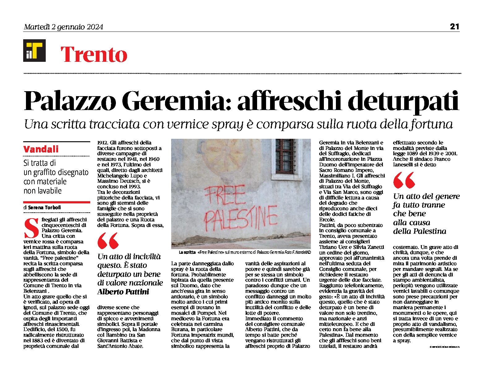 Trento, palazzo Geremia: affreschi deturpati da una scritta tracciata con vernice spray