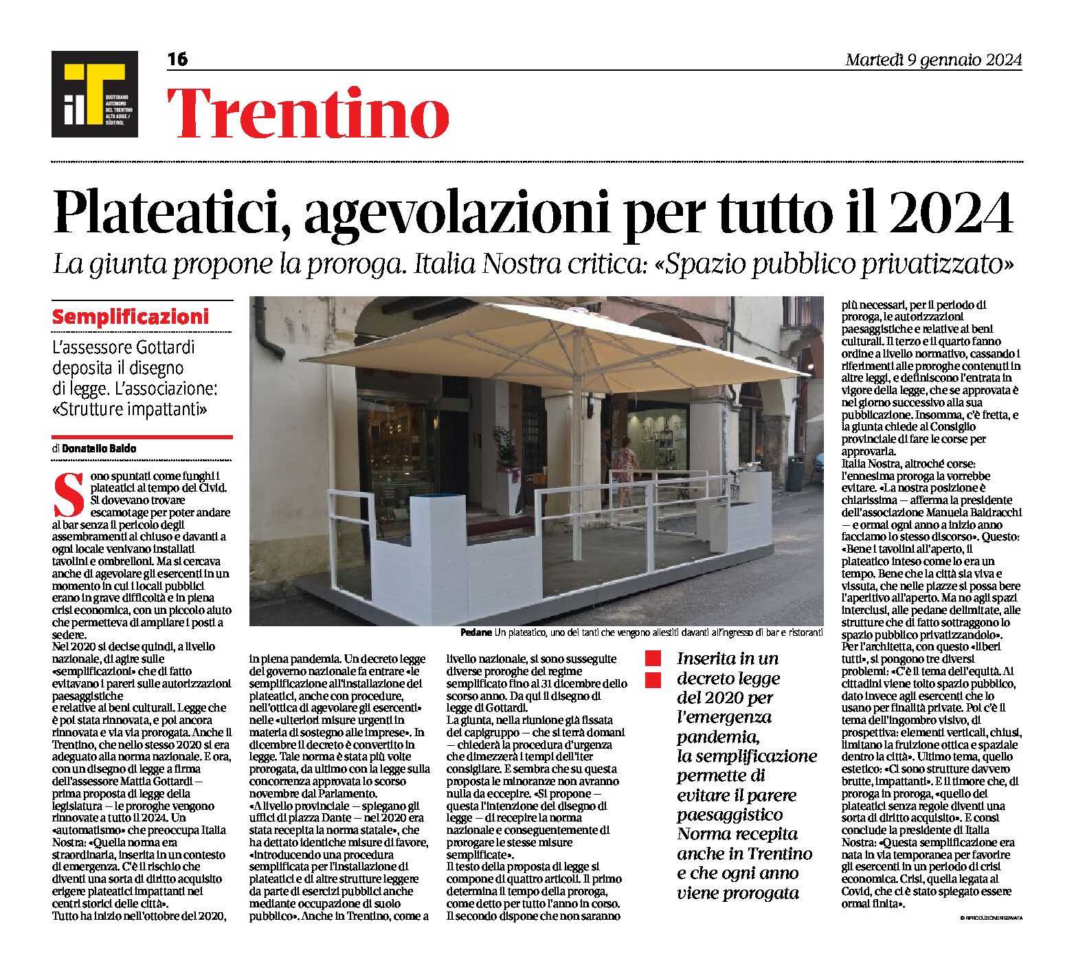 Trentino, plateatici: agevolazioni per tutto il 2024. Italia Nostra “spazio pubblico privatizzato”