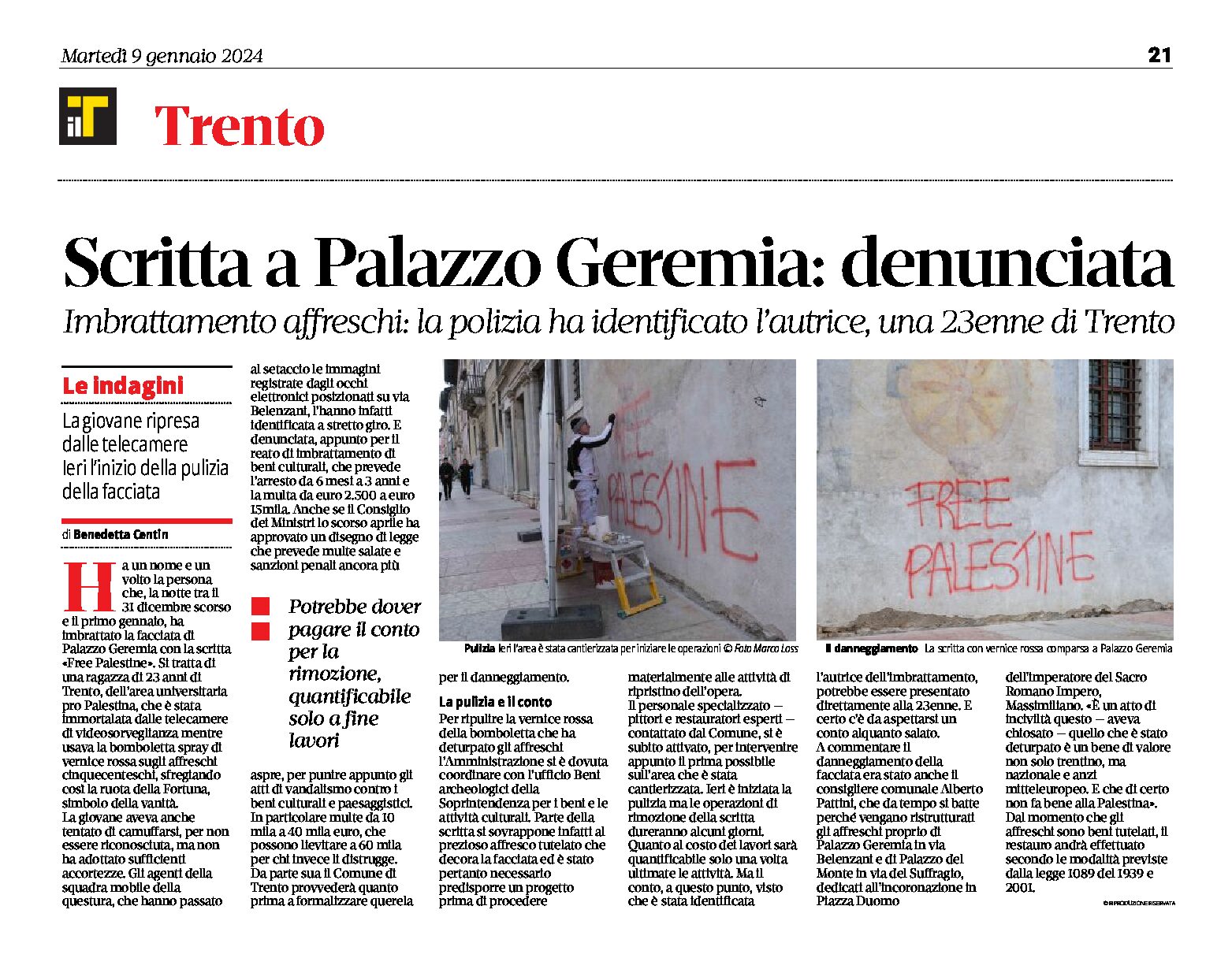 Trento, Palazzo Geremia: denunciata l’autrice della scritta sugli affreschi