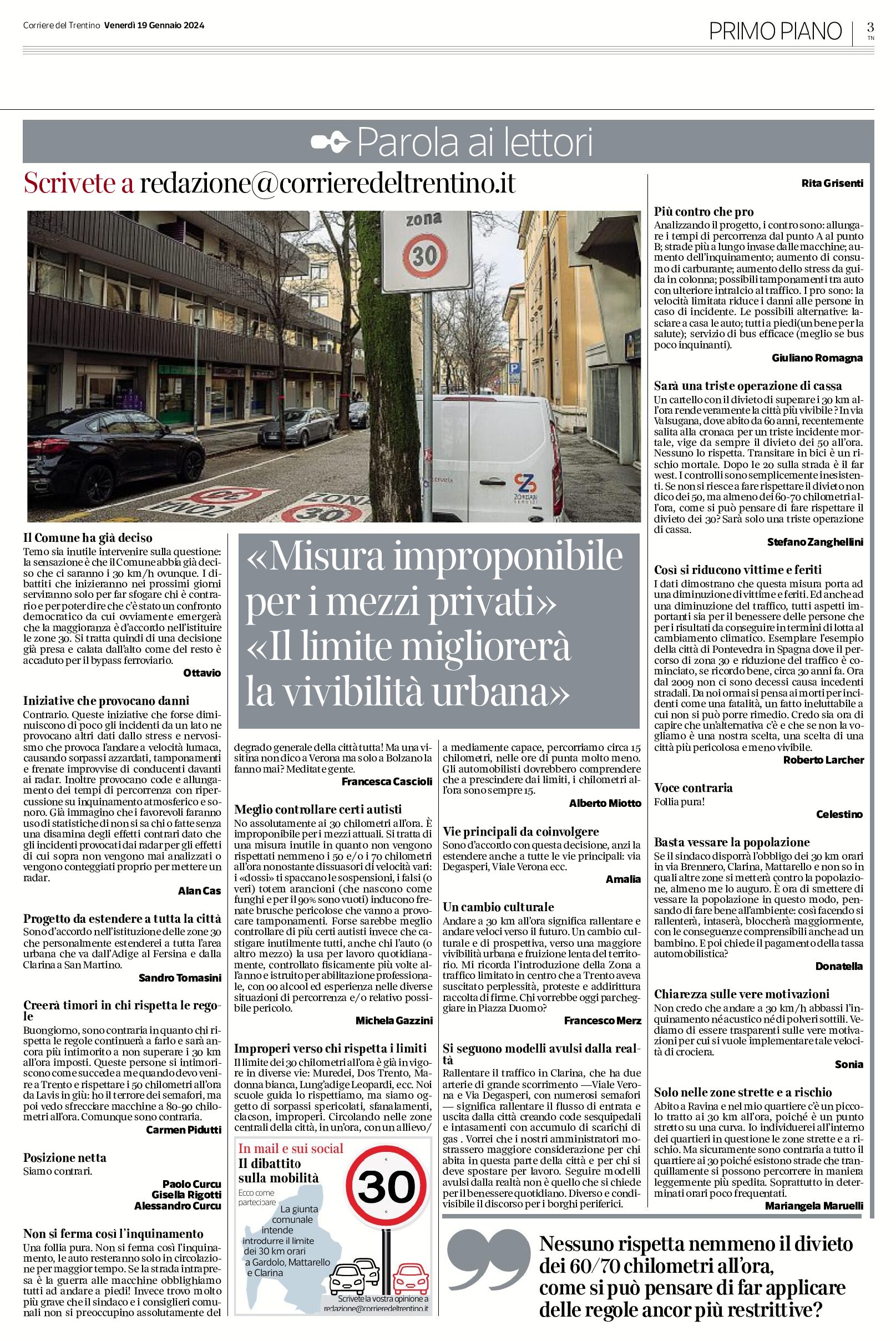Zone 30: parola ai lettori. Scrivete a “redazione@corrieredeltrentino.it”