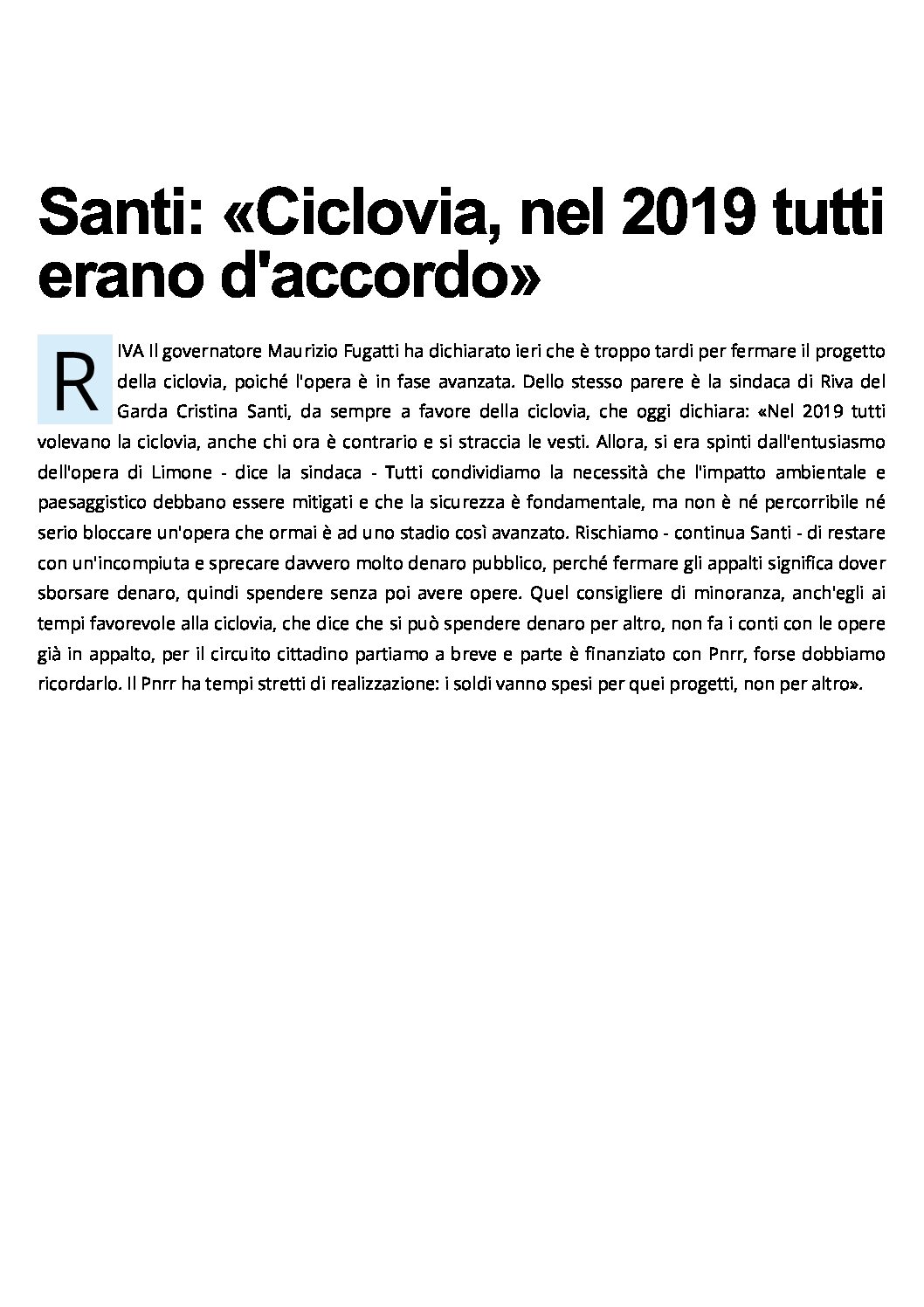 Ciclovia del Garda: Riva, la sindaca Santi “nel 2019 tutti erano d’accordo”