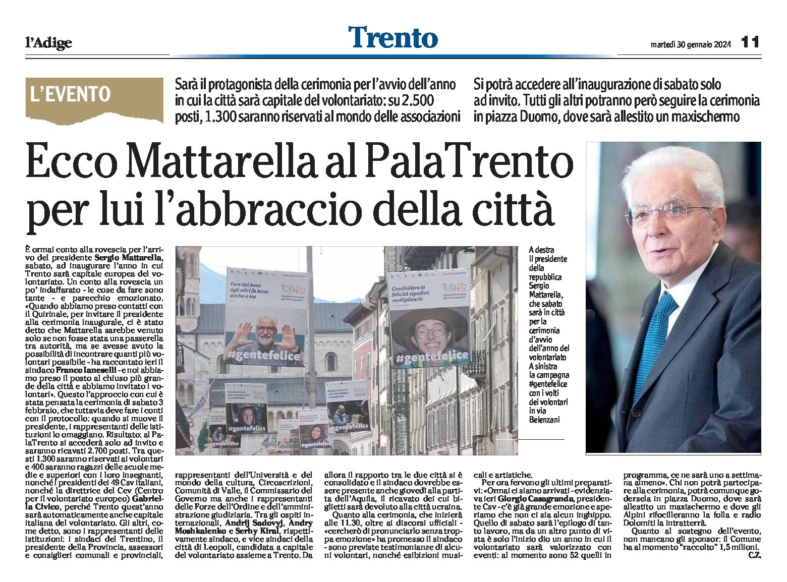 Mattarella: sabato inaugura Trento capitale del volontariato