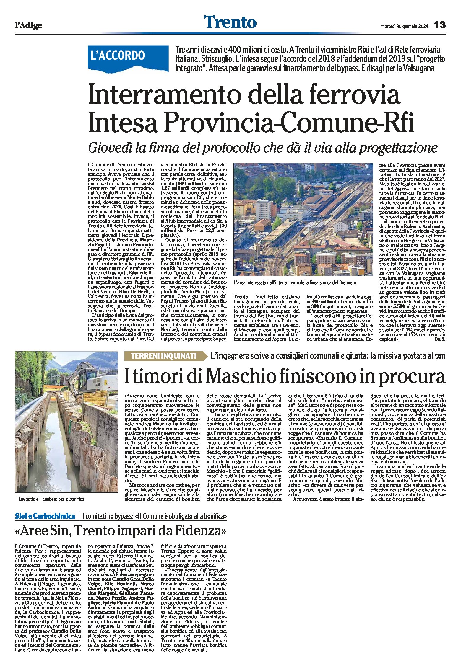 Trento: interramento della ferrovia, intesa Provincia-Comune-Rfi