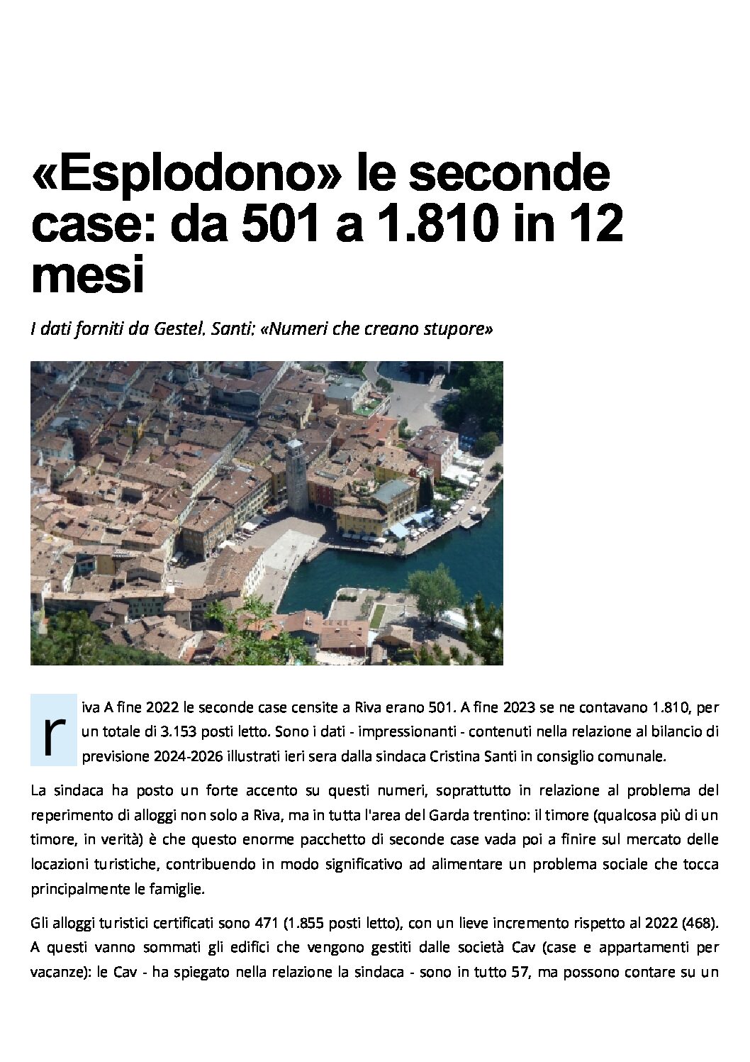 Riva: esplodono le seconde case, da 501 a 1810 in 12 mesi