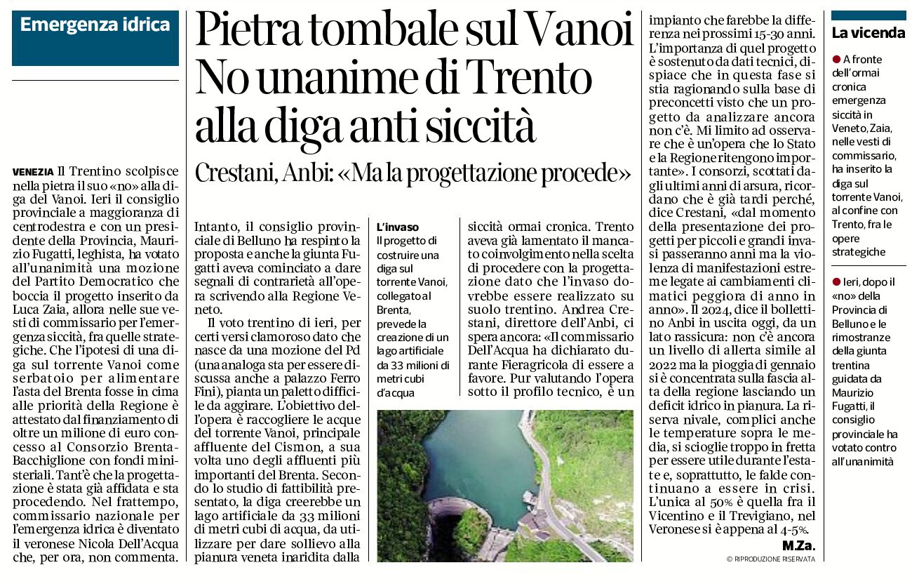 Pietra tombale sul Vanoi: no unanime di Trento alla diga anti siccità