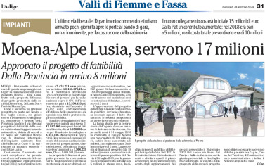 Cabinovia Moena-Alpe Lusia: approvato il progetto di fattibilità