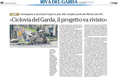 Riva, Ciclovia del Garda: interrogazione del Pd a Fugatti. Il progetto va rivisto