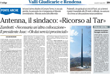 Comano: antenna, il sindaco “ricorso al Tar”. Italia Nostra “soluzione da rivedere”